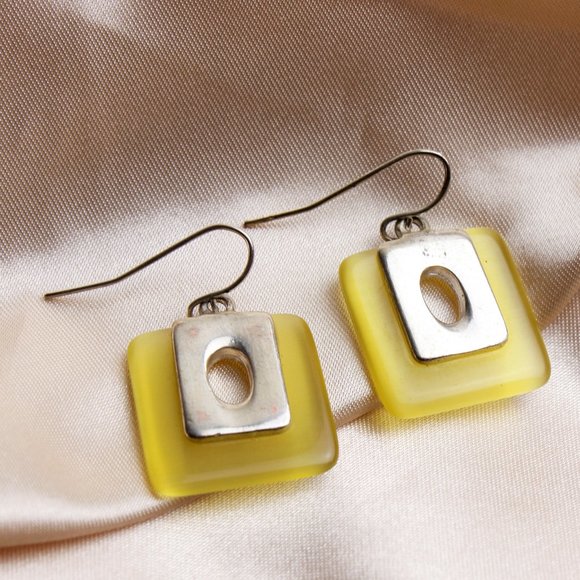 🌹Vintage yellow square silver Fish hook earring - Picture 3 of 8